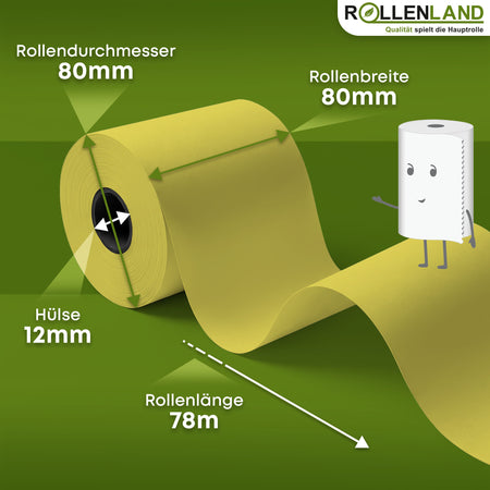 30 farbige Thermorollen 80x80x12, 78 m, 55g, ohne Bisphenol-A (BPA), gelb,