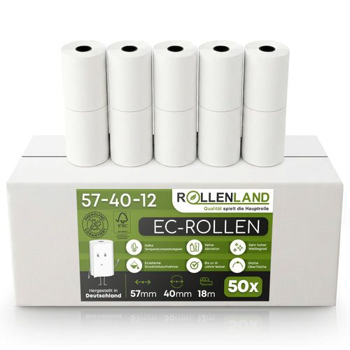 Karton mit 50 EC-Rollen 57x40x12, 18 m, ohne Bisphenol-A (BPA), mit SEPA Lastschrift-Aufdr.