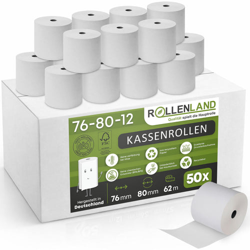 Karton mit 50 Kassenrollen 76x80x12, 62 m mit Apotheken-Aufdruck