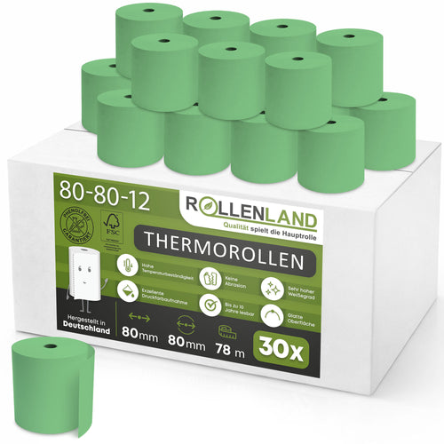 Karton mit 30 farbige Thermorollen 80x80x12, 78 m, 55g, ohne Bisphenol-A (BPA), grün