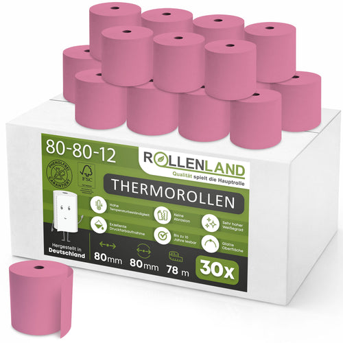 Karton mit 30 farbige Thermorollen 80x80x12, 78 m, 55g, ohne Bisphenol-A (BPA), rosa